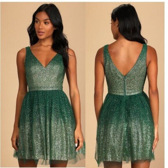 Lulu's‎ Women's  Sparkling Gold Glitter Skater Mini Dress Emerald Green - Picture 1 of 4